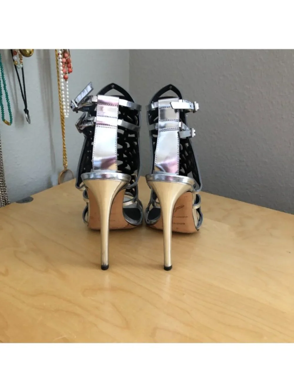 Brian Atwood Laconica Silver Heeled Sandals Women's size 8 EU 38.5 Ankle Strap